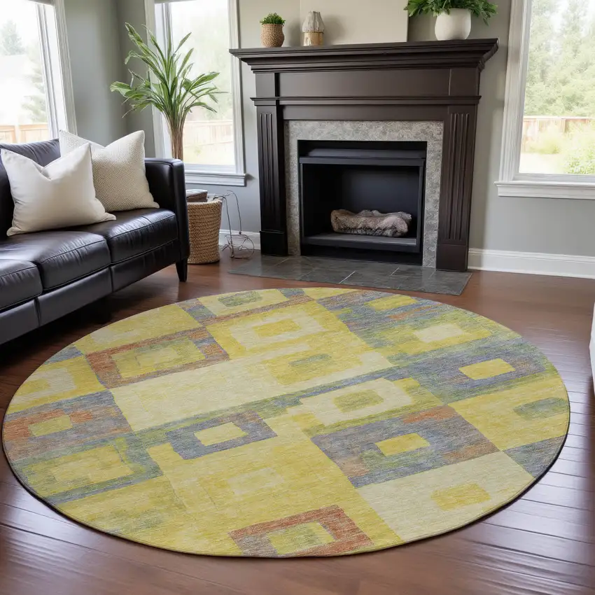 8' Yellow Orange Purple And Ivory Geometric Washable Round Rug With UV Protection Photo 4