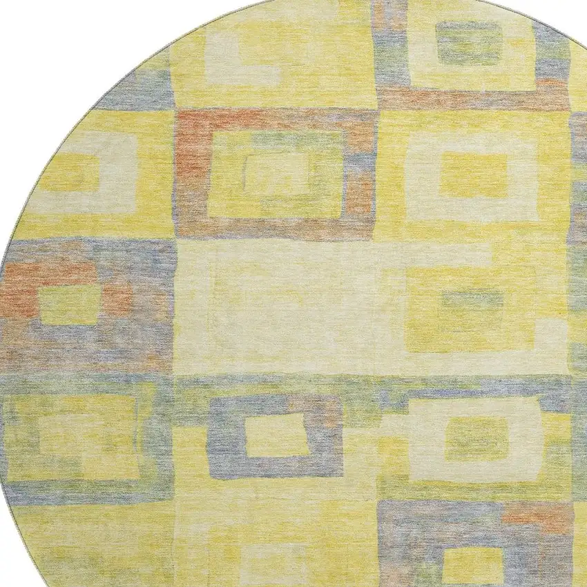 8' Yellow Orange Purple And Ivory Geometric Washable Round Rug With UV Protection Photo 2