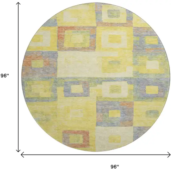 8' Yellow Orange Purple And Ivory Geometric Washable Round Rug With UV Protection Photo 9