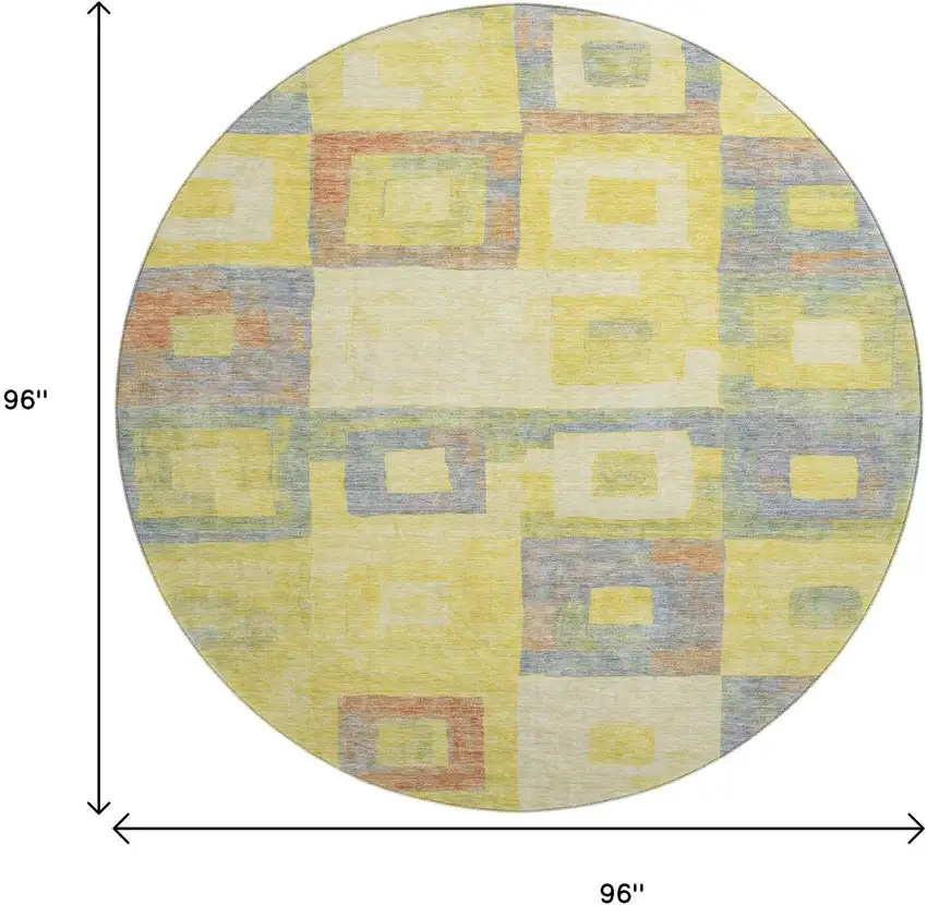 8' Yellow Orange Purple And Ivory Geometric Washable Round Rug With UV Protection Photo 9