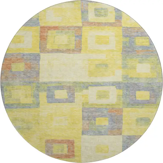 8' Yellow Orange Purple And Ivory Geometric Washable Round Rug With UV Protection Photo 1