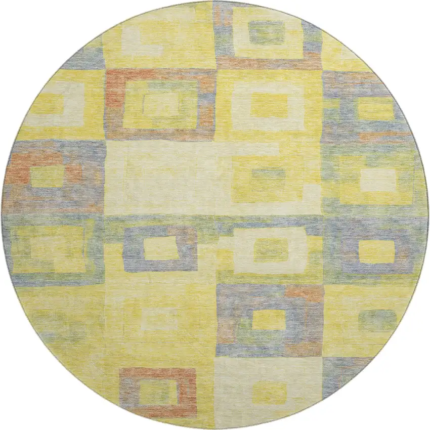 8' Yellow Orange Purple And Ivory Geometric Washable Round Rug With UV Protection Photo 1