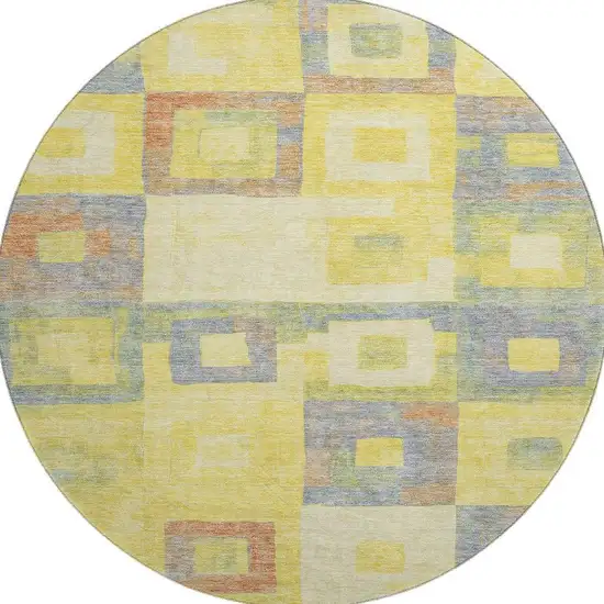 8' Yellow Orange Purple And Ivory Geometric Washable Round Rug With UV Protection Photo 3