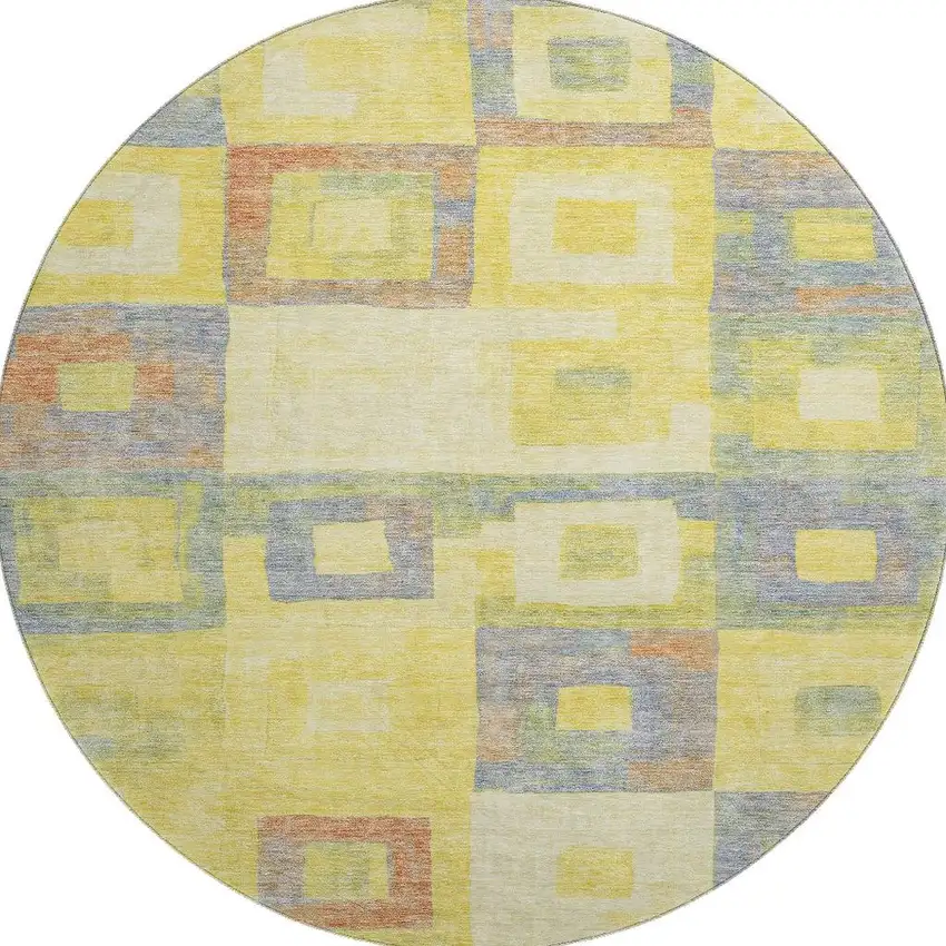 8' Yellow Orange Purple And Ivory Geometric Washable Round Rug With UV Protection Photo 3