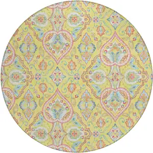 Photo of 8' Yellow Pink And Orange Round Ogee Washable Indoor Outdoor Area Rug