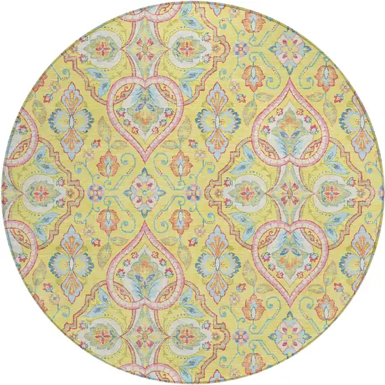 8' Yellow Pink And Orange Round Ogee Washable Indoor Outdoor Area Rug Photo 1