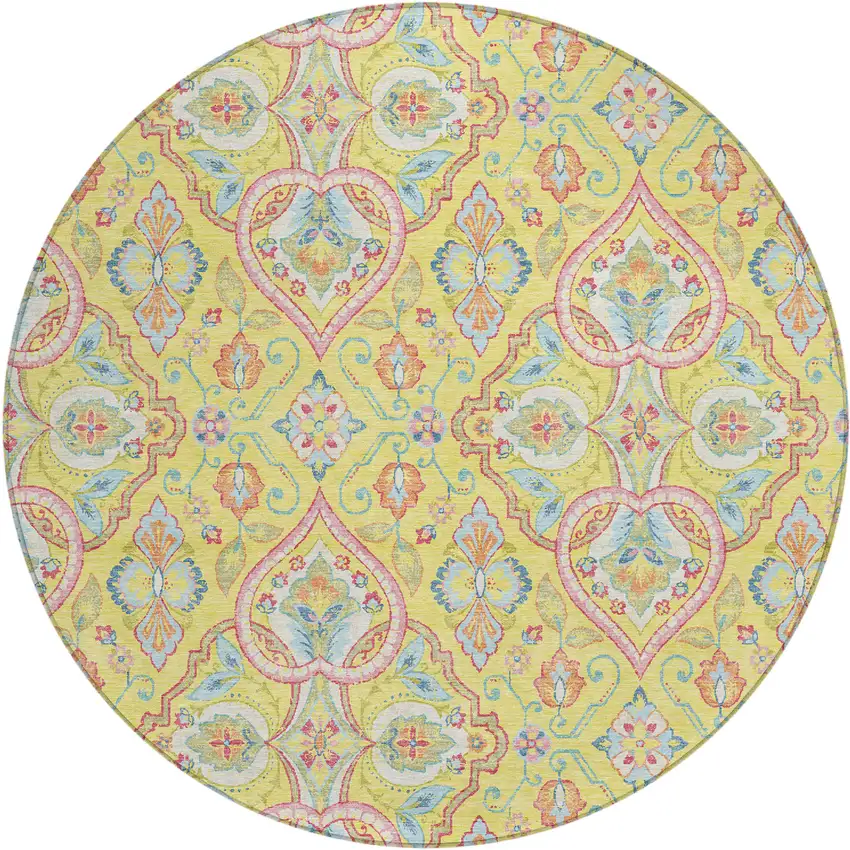 8' Yellow Pink And Orange Round Ogee Washable Indoor Outdoor Area Rug Photo 1