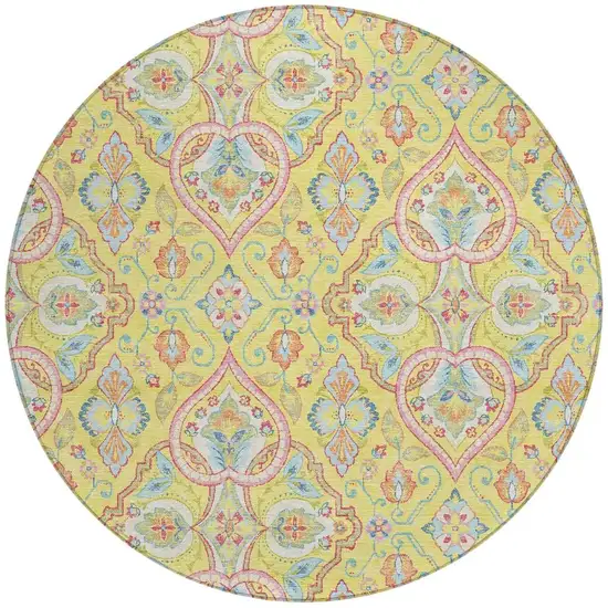 8' Yellow Pink And Orange Round Ogee Washable Indoor Outdoor Area Rug Photo 4