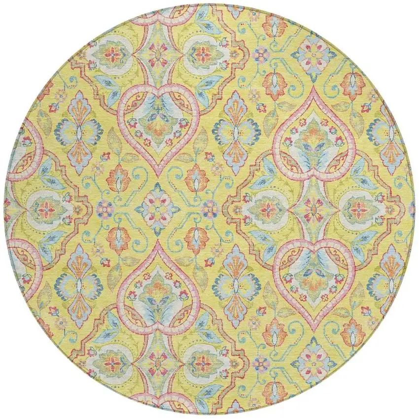 8' Yellow Pink And Orange Round Ogee Washable Indoor Outdoor Area Rug Photo 4