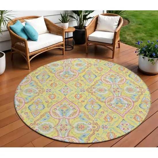 8' Yellow Pink And Orange Round Ogee Washable Indoor Outdoor Area Rug Photo 2