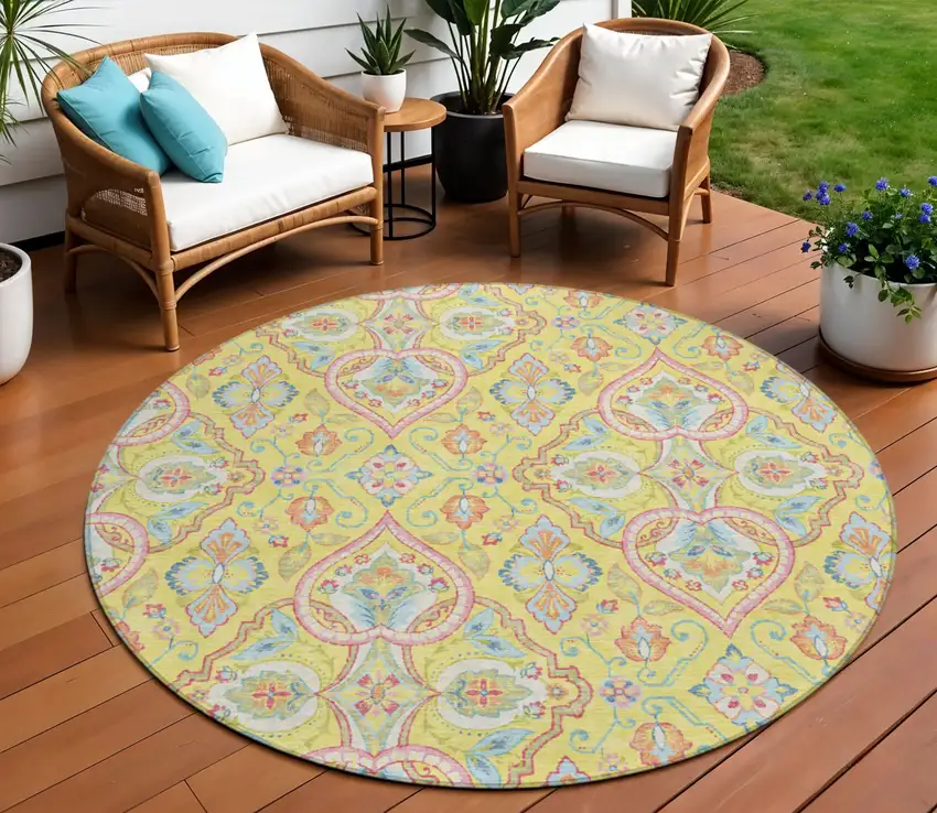 8' Yellow Pink And Orange Round Ogee Washable Indoor Outdoor Area Rug Photo 2