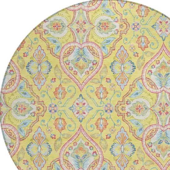 8' Yellow Pink And Orange Round Ogee Washable Indoor Outdoor Area Rug Photo 5