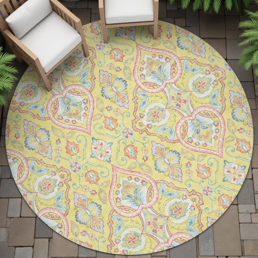 8' Yellow Pink And Orange Round Ogee Washable Indoor Outdoor Area Rug Photo 9