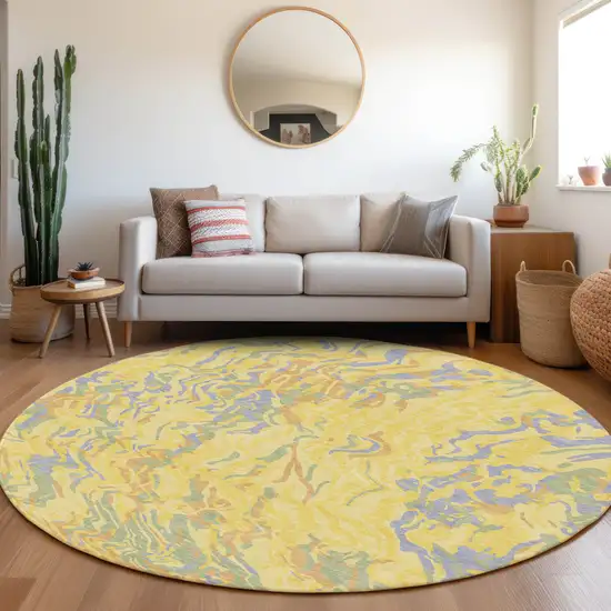 8' Yellow Purple And Green Round Abstract Washable Indoor Outdoor Area Rug Photo 8