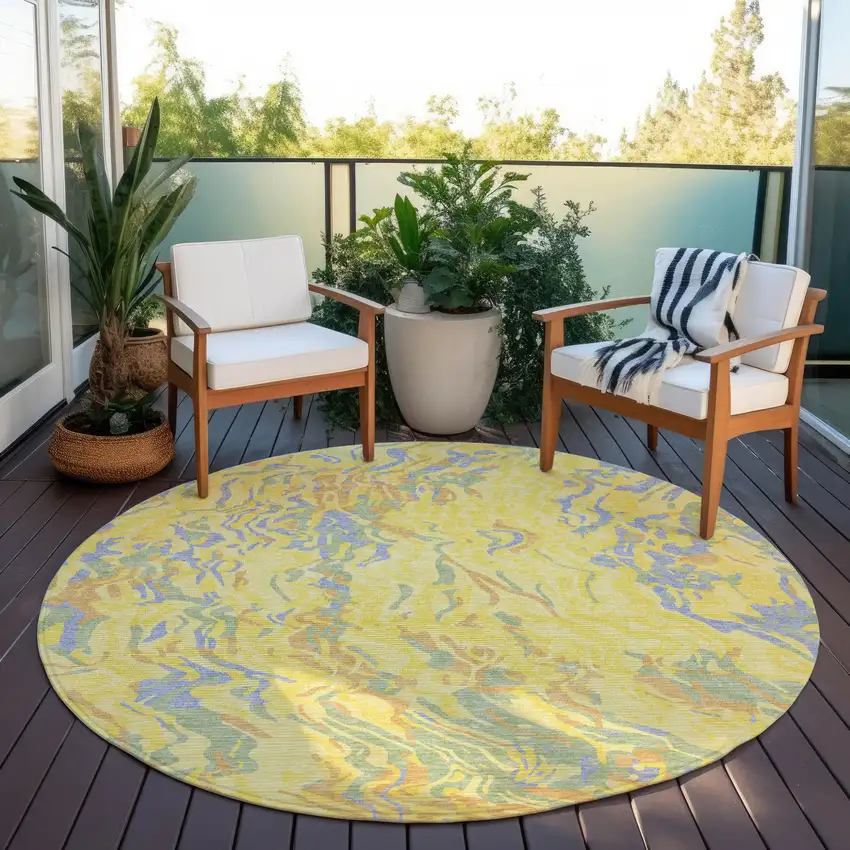 8' Yellow Purple And Green Round Abstract Washable Indoor Outdoor Area Rug Photo 7