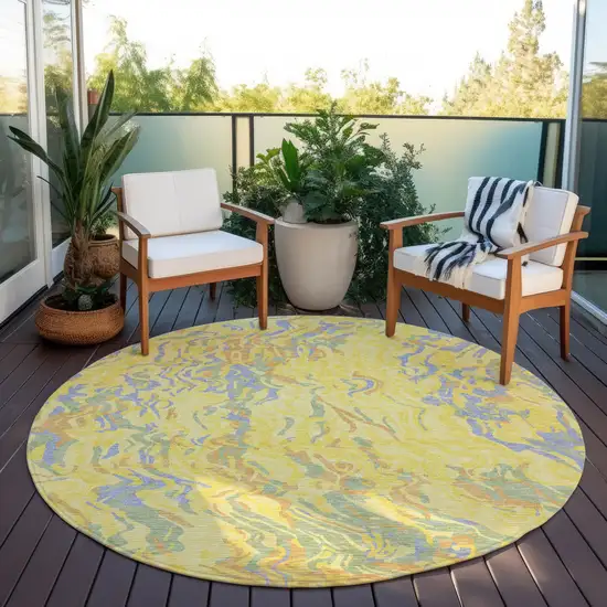 8' Yellow Purple And Green Round Abstract Washable Indoor Outdoor Area Rug Photo 7