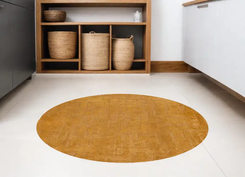 8' Yellow Round Abstract Non Skid Area Rug Photo 1
