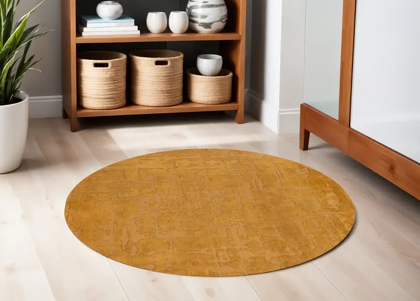5' Yellow Round Abstract Non Skid Area Rug Photo 1