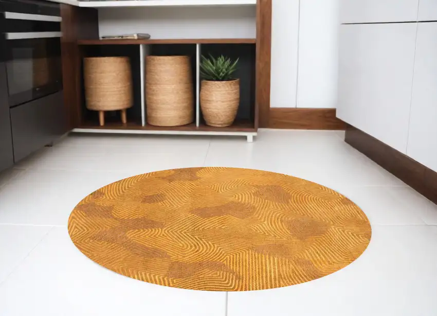 8' Yellow Round Abstract Non Skid Area Rug Photo 1