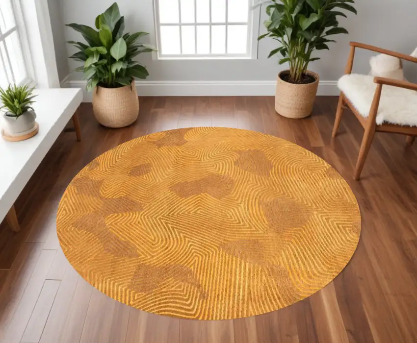 5' Yellow Round Abstract Non Skid Area Rug Photo 1