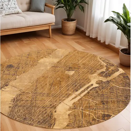 8' Yellow Round Abstract Non Skid Area Rug Photo 1