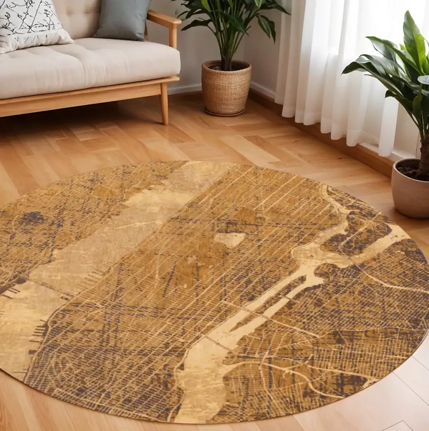 8' Yellow Round Abstract Non Skid Area Rug Photo 1