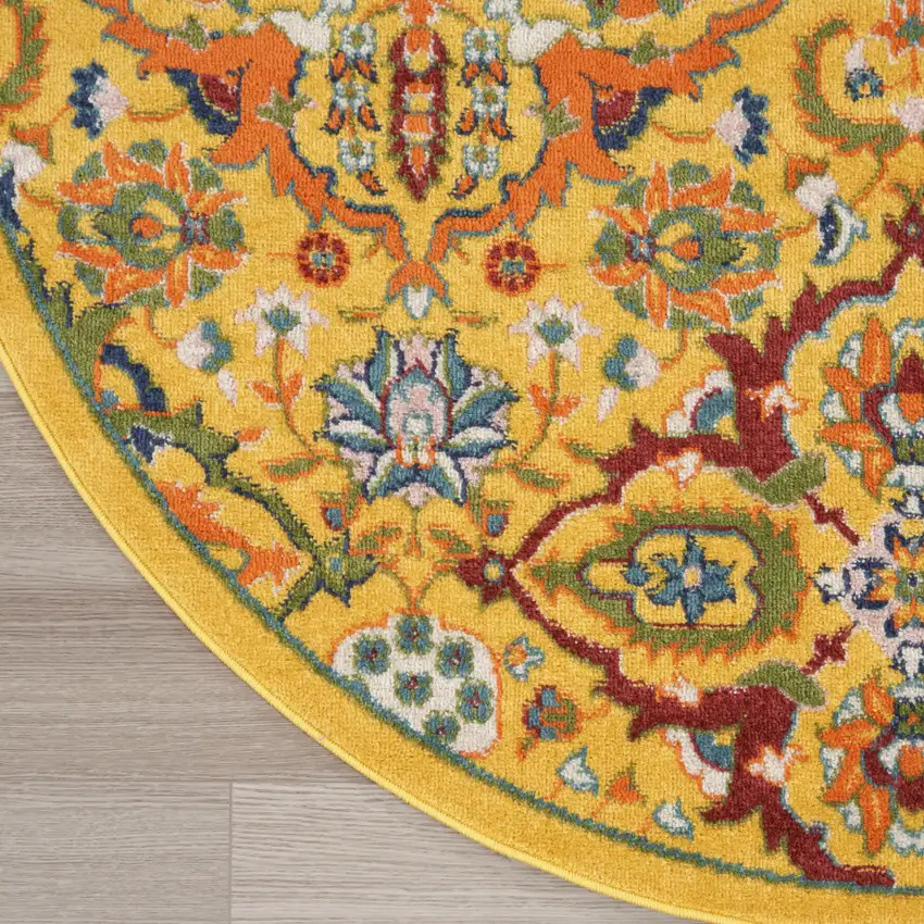 8' Yellow Round Floral Power Loom Area Rug Photo 7