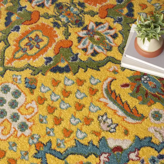8' Yellow Round Floral Power Loom Area Rug Photo 4