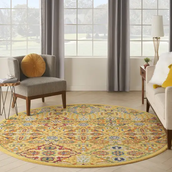 8' Yellow Round Floral Power Loom Area Rug Photo 6