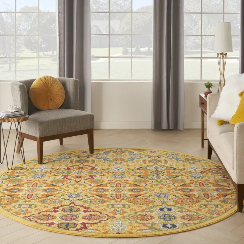8' Yellow Round Floral Power Loom Area Rug Photo 6