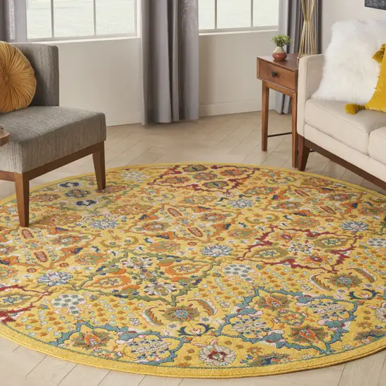 8' Yellow Round Floral Power Loom Area Rug Photo 5