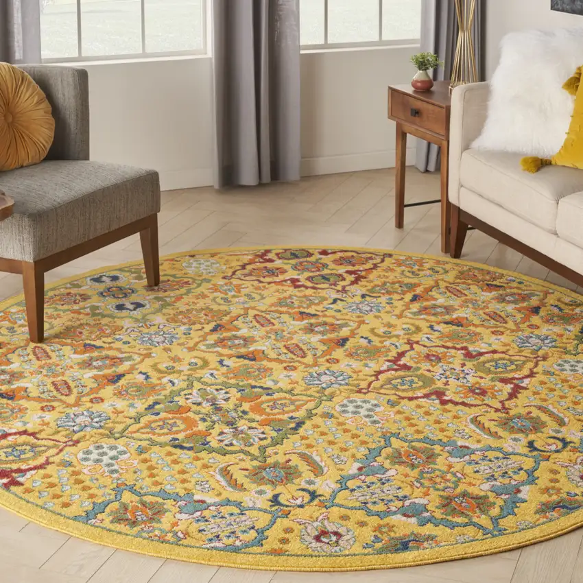 8' Yellow Round Floral Power Loom Area Rug Photo 5