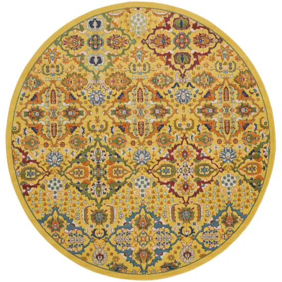 8' Yellow Round Floral Power Loom Area Rug Photo 1