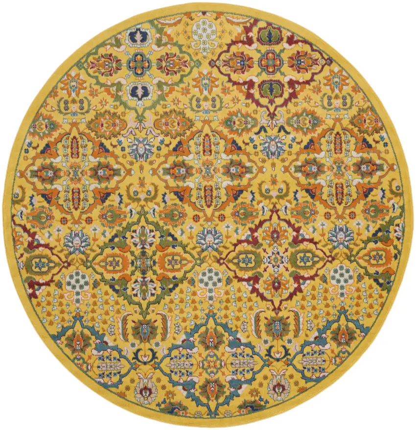 8' Yellow Round Floral Power Loom Area Rug Photo 1