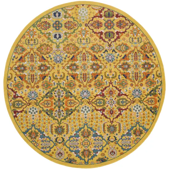 8' Yellow Round Floral Power Loom Area Rug Photo 4