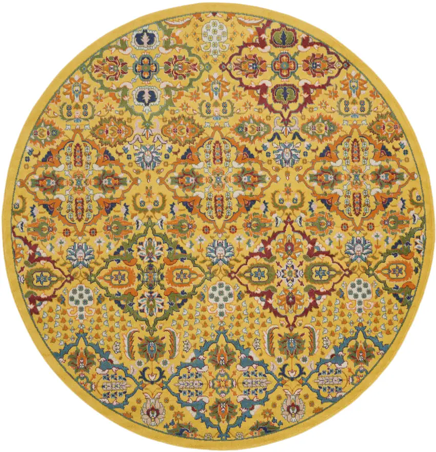 8' Yellow Round Floral Power Loom Area Rug Photo 4