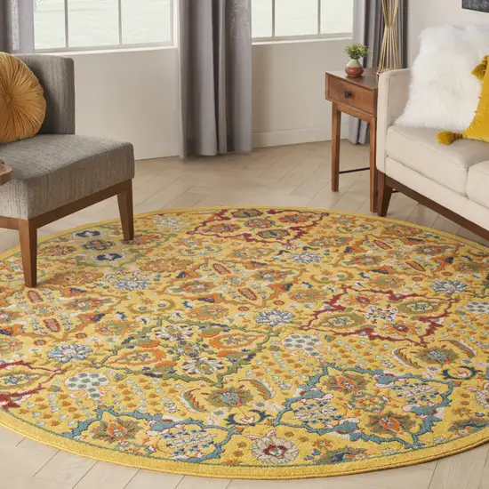 8' Yellow Round Floral Power Loom Area Rug Photo 7