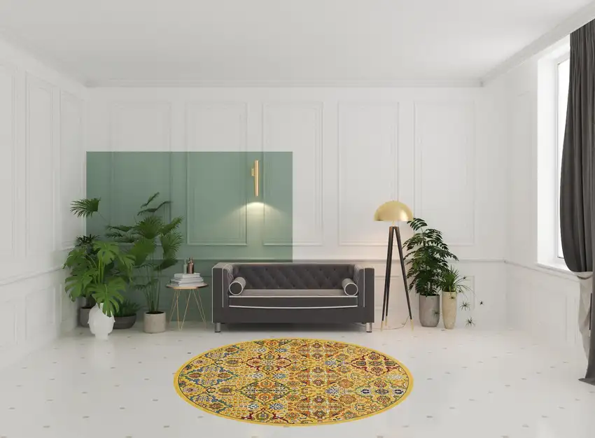8' Yellow Round Floral Power Loom Area Rug Photo 2