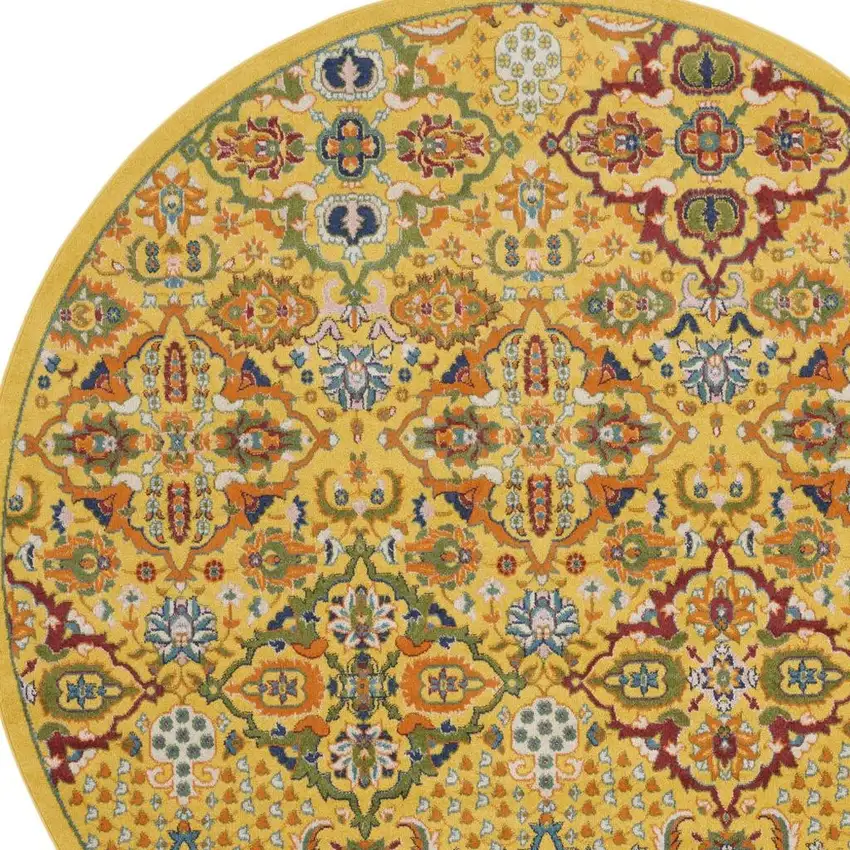 8' Yellow Round Floral Power Loom Area Rug Photo 1