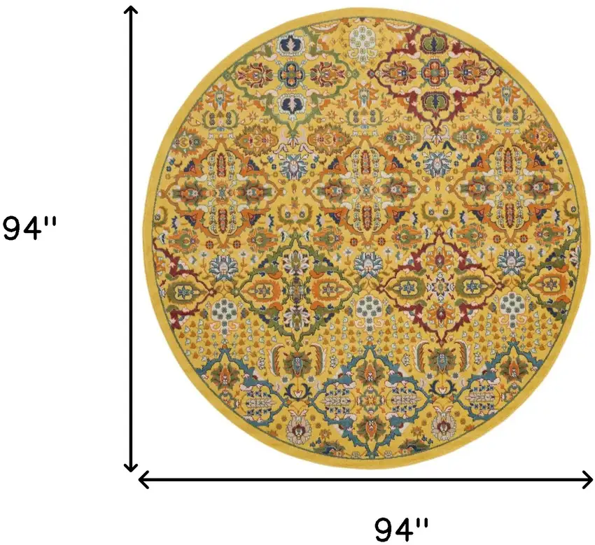 8' Yellow Round Floral Power Loom Area Rug Photo 9