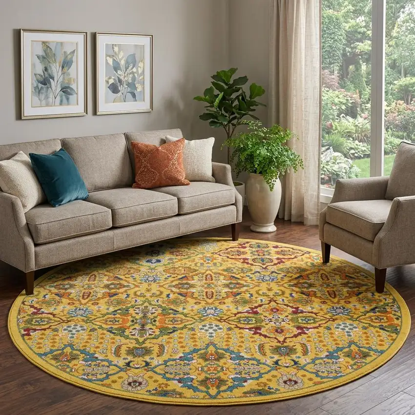 8' Yellow Round Floral Power Loom Area Rug Photo 1
