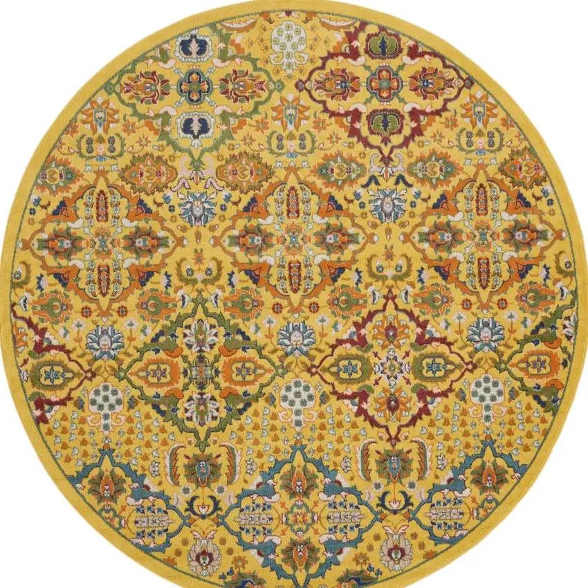8' Yellow Round Floral Power Loom Area Rug Photo 3