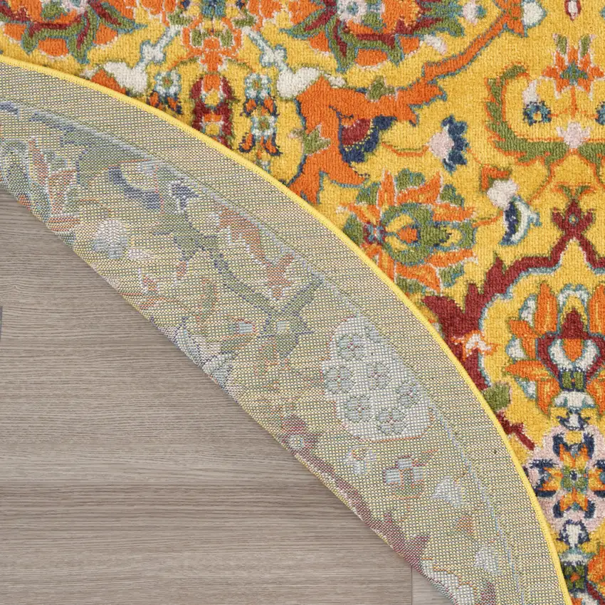 8' Yellow Round Floral Power Loom Area Rug Photo 8