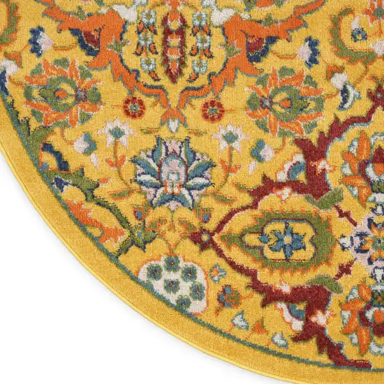 8' Yellow Round Floral Power Loom Area Rug Photo 9