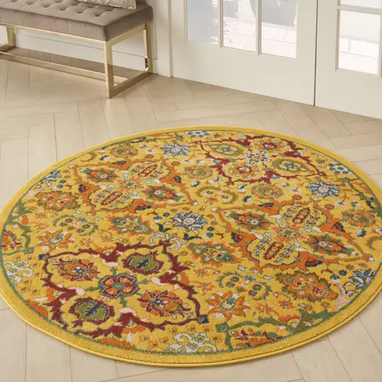 5' Yellow Round Floral Power Loom Area Rug Photo 5
