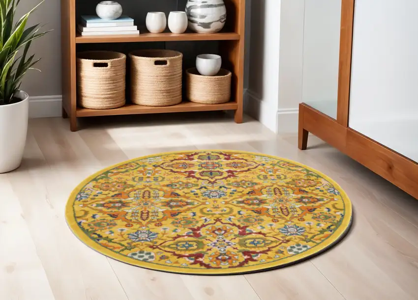 5' Yellow Round Floral Power Loom Area Rug Photo 1