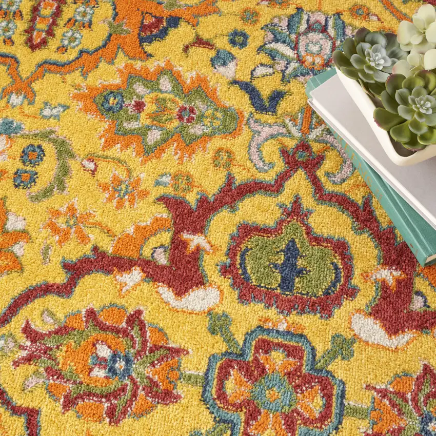 5' Yellow Round Floral Power Loom Area Rug Photo 8