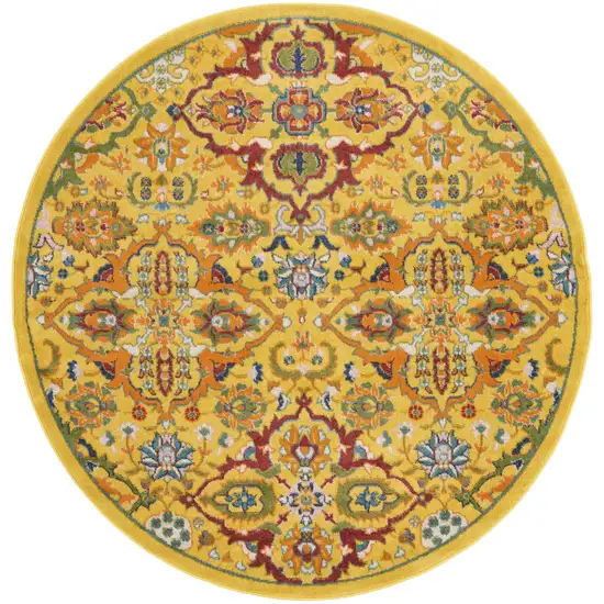 5' Yellow Round Floral Power Loom Area Rug Photo 1