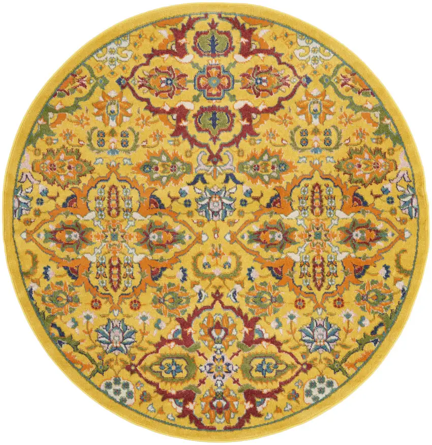 5' Yellow Round Floral Power Loom Area Rug Photo 1