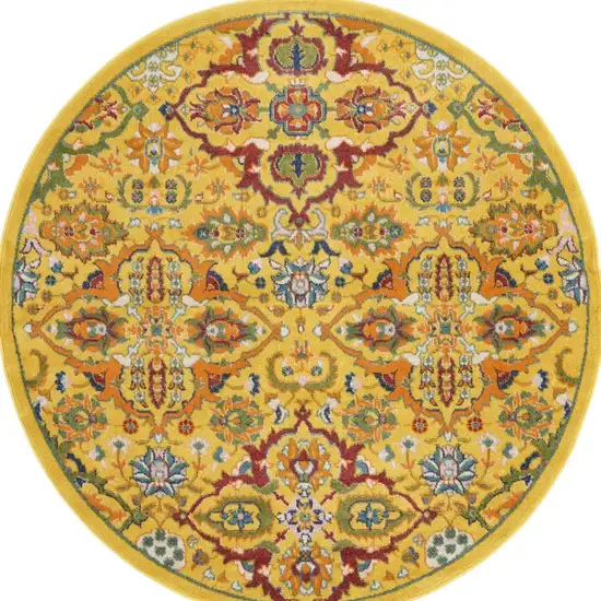 5' Yellow Round Floral Power Loom Area Rug Photo 4